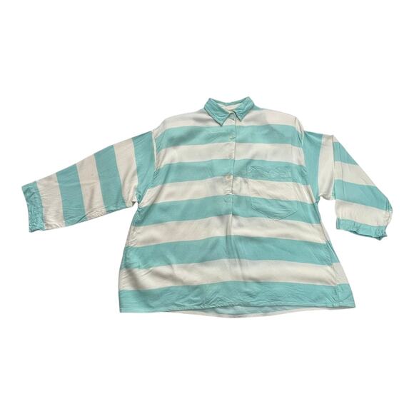 Vintage Details Blue & White Striped Rayon Top Size Small Long Sleeve 3/4 Button - Picture 3 of 5